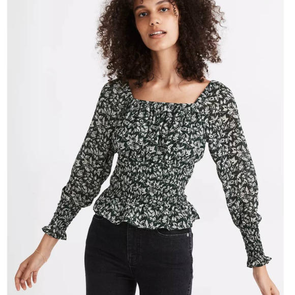 Madewell Tops - Madewell Floral Georgette Top in Forest Leaves